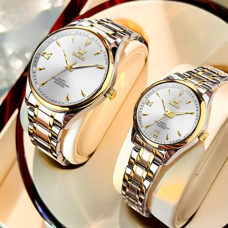 OLEVS 9806 Merkhorloge voor koppels, kalender, waterdicht, lichtgevend, quartz horloge voor heren en dames, origineel modehorloge voor liefhebbers. - afbeelding 2