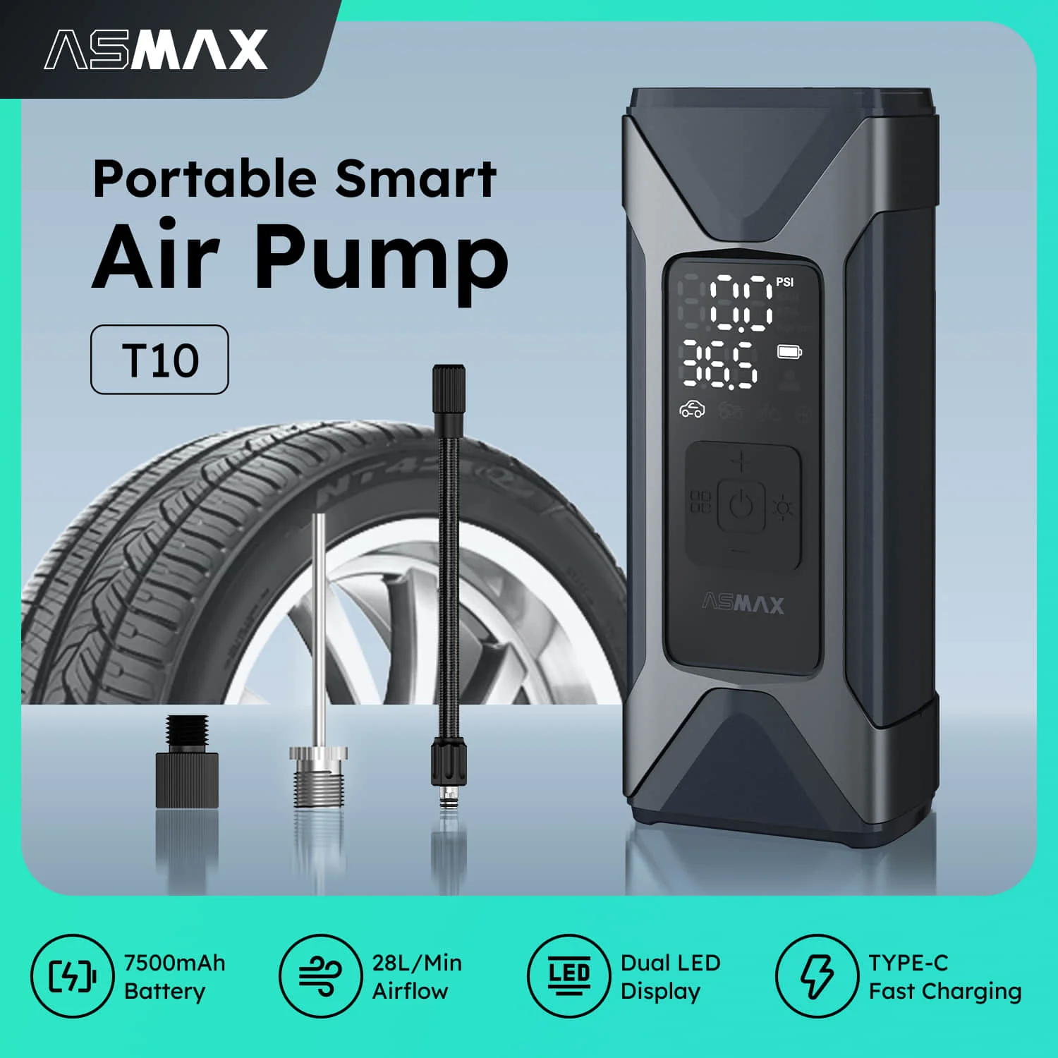 ASMAX Moto Pompa di Aria 7500mAh Pneumatico Pompa di Gonfiaggio Elettrica 160PSI Pompa di Gonfiaggio Portatile per Auto Bicicletta Palle Compressore