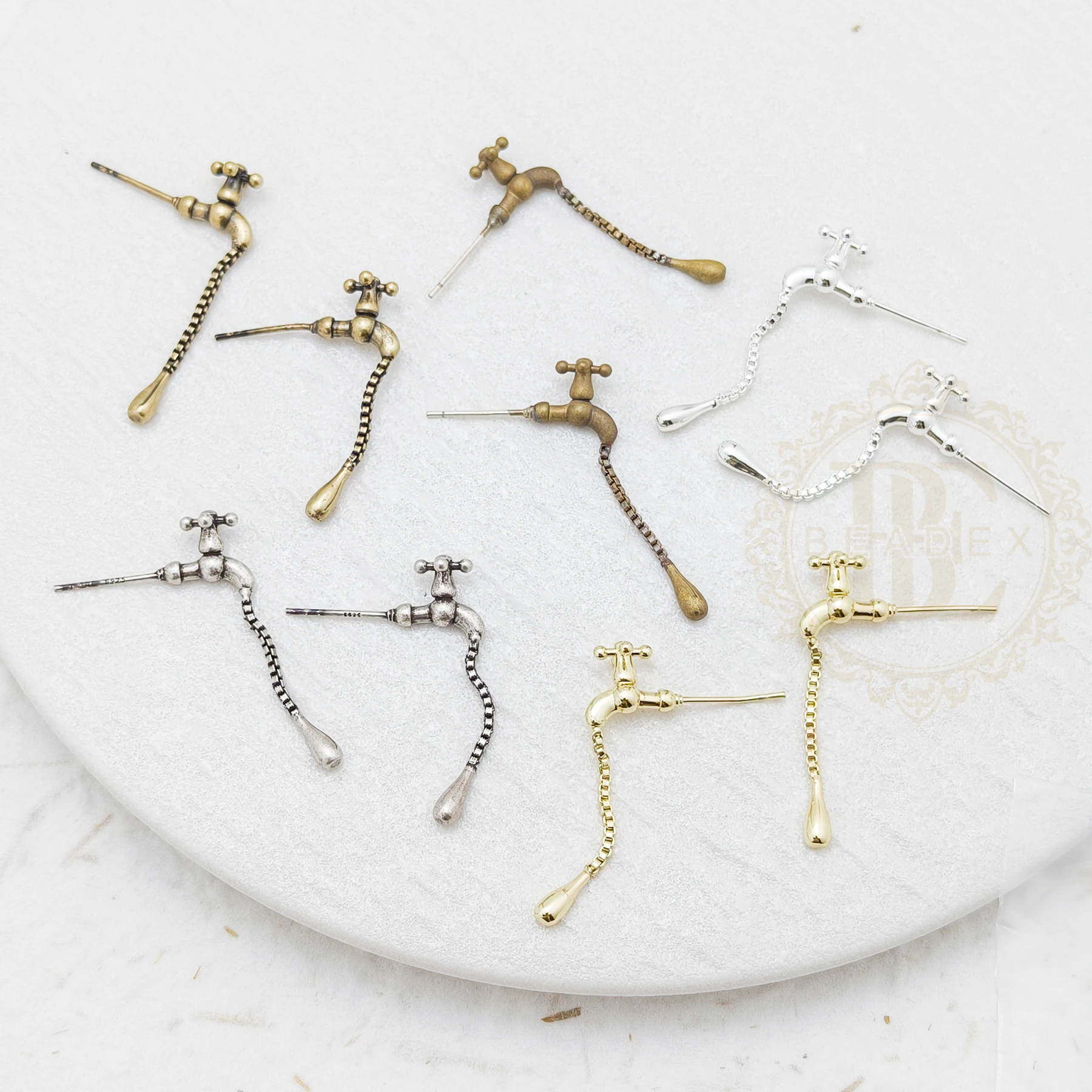 DIY Supply-2 Pieces Solid Brass Earring Post with Sterling Silver Pin - Water Faucet Tap 33x22mm (4923C-6)