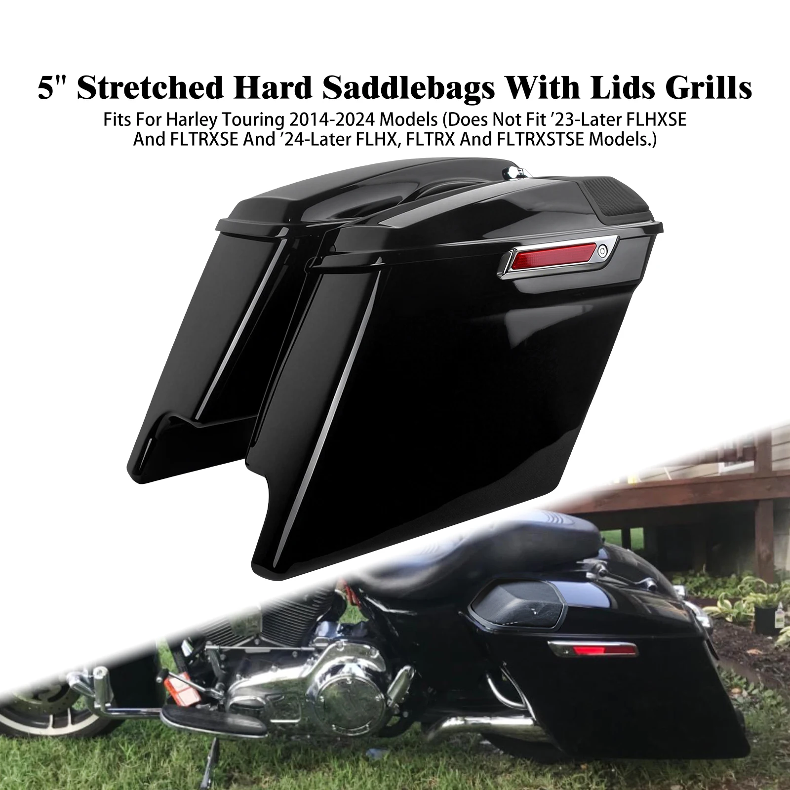 

Motorcycle 5" Stretched Hard Saddlebags With Speaker Lids Grills For Harley Touring Road King Electra Street Glide 2014-2024