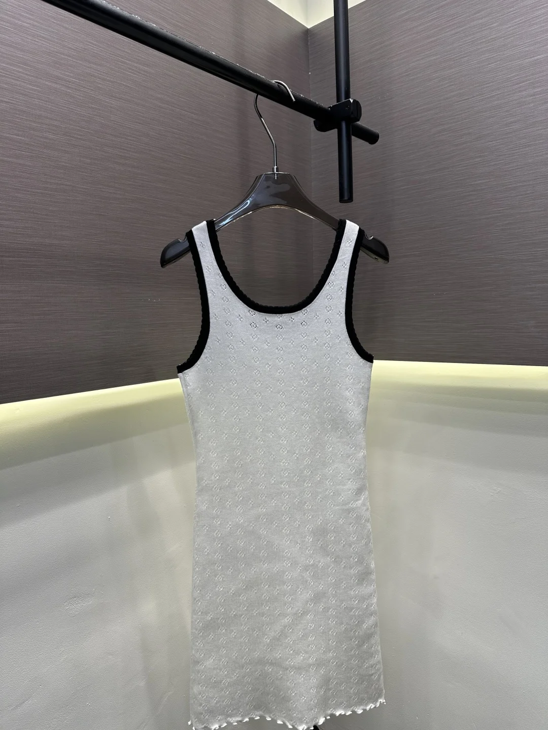 

2026 Summer Women's Color Block Trim U-Neck Knit Slip Dress Openwork Jacquard Slim Fit Mini Dress ZX106