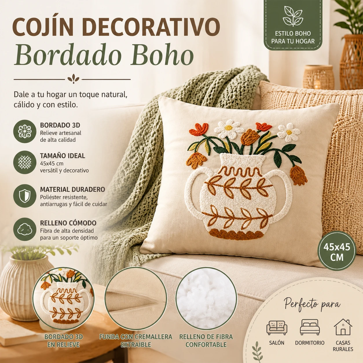 Coussin décoratif 3D brodé style bohème avec technique de pointure au poinçon, coussin de canapé avec rembourrage en fibres douces, coussin rembourré pour salon, chambre et chaise, style bohème naturel disponible en deux tailles