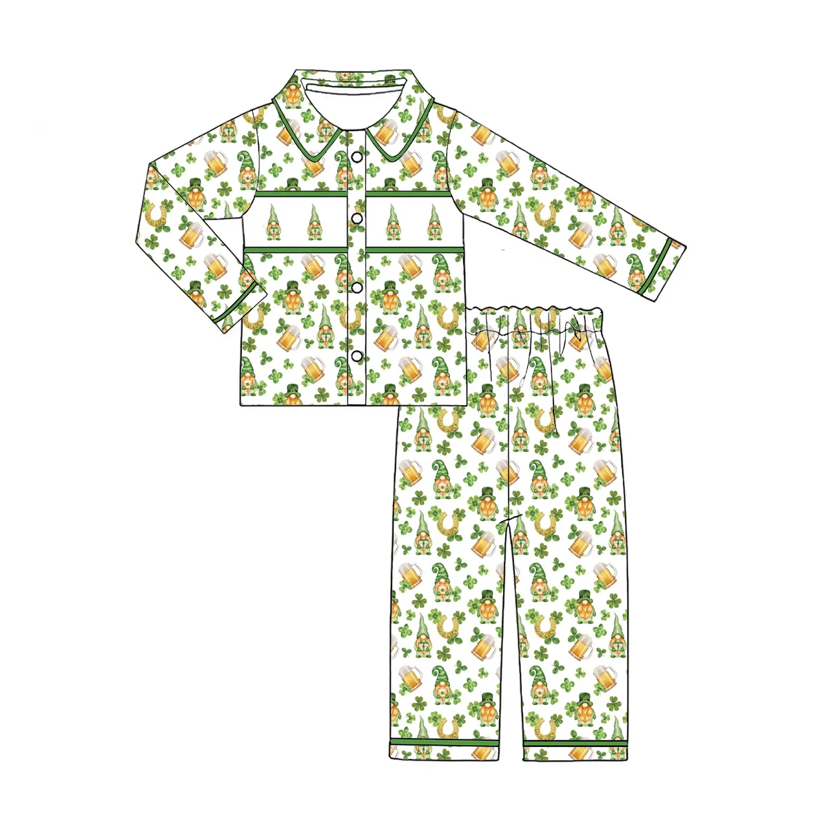 St. Parker's Day lapel short-sleeved long pants for girls boys long-sleeved set four-leaf clover print Boutique Children Set