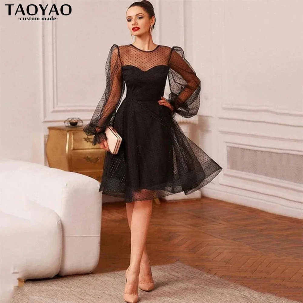 

New O Neck Tulle Short Evening Dresses A-Line Puff Sleeves Prom Dresses For Party Polka Dotte Backless Mini Gowns Robe De Soriee