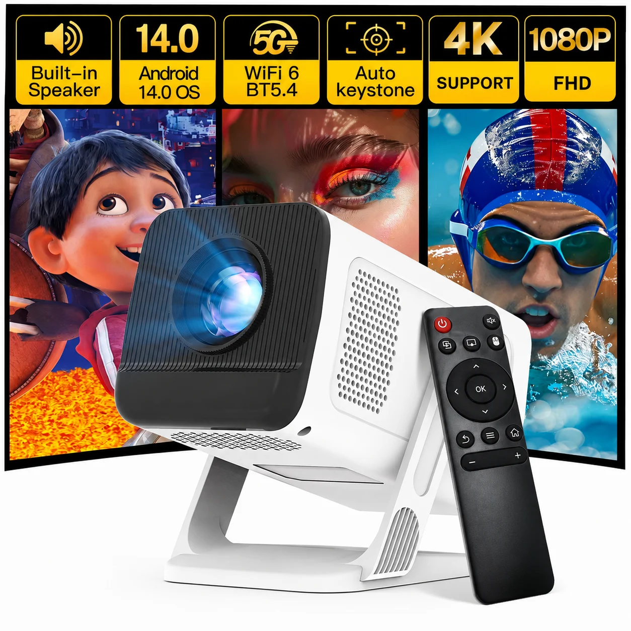 Mini Proiettore Intelligente 1080P Nativo, Decodifica 4K, WiFi 6, BT 5.4, App Integrate, Android TV, Correzione Trapezoidale Automatica 180° ° Proiettore Rotante per Esterni