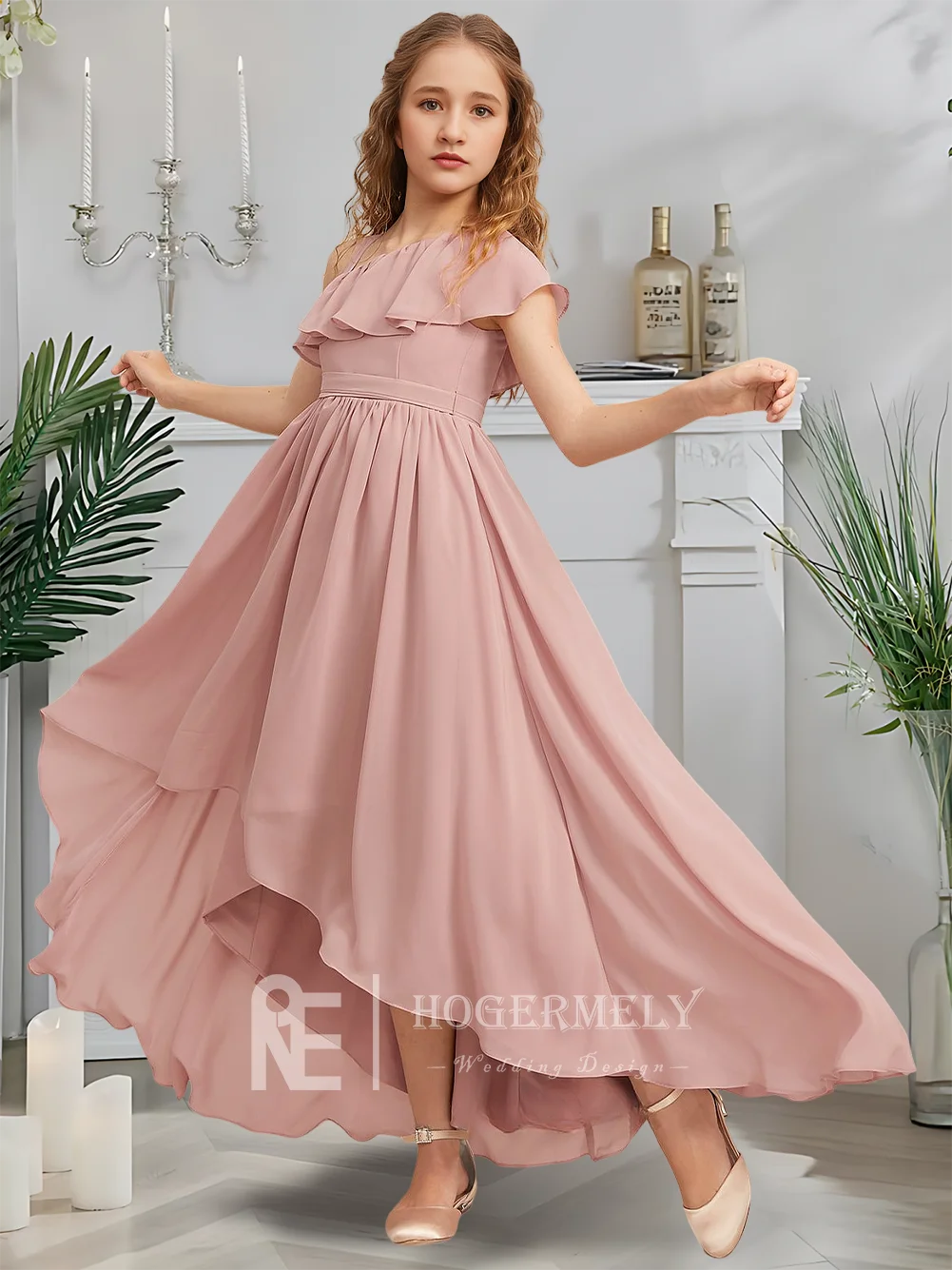 Дизайнерское платье трапециевидной формы для юных подружек невесты, платье с цветочным узором в виде розы, асимметричное шифоновое платье для девочек в саду, гала-танец, свадьба