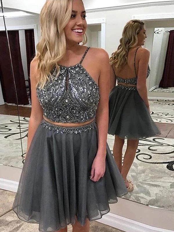 

ANGELSBRIDEP Sliver Homecoming Teen Girl Formal Dresses Spaghetti Straps Tulle Beading Short/Mini Two Piece Cocktail Party Gowns