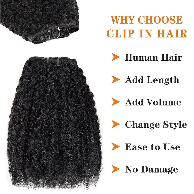 Kinky Curly Clip em extensões de cabelo, cabelo humano, trama dupla, Remy brasileiro, 18 clipes, 8pcs