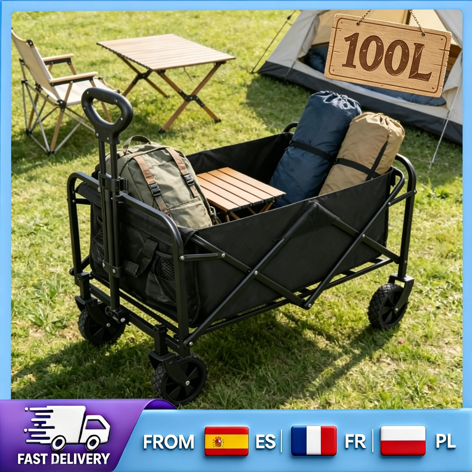 Chariot de camping pliable 75 kg, cadre en acier durable, tissu Oxford imperméable, pliage facile, chariot portable pour jardin, plage et activités de plein air
