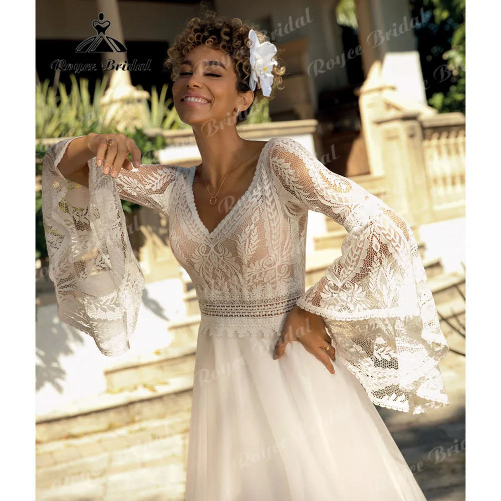 robe de mariee boheme Long Sleeve Lace Boho V Neck Wedding Dress for Bride 2024 Backless Women Beach Wedding Gown Custom Made