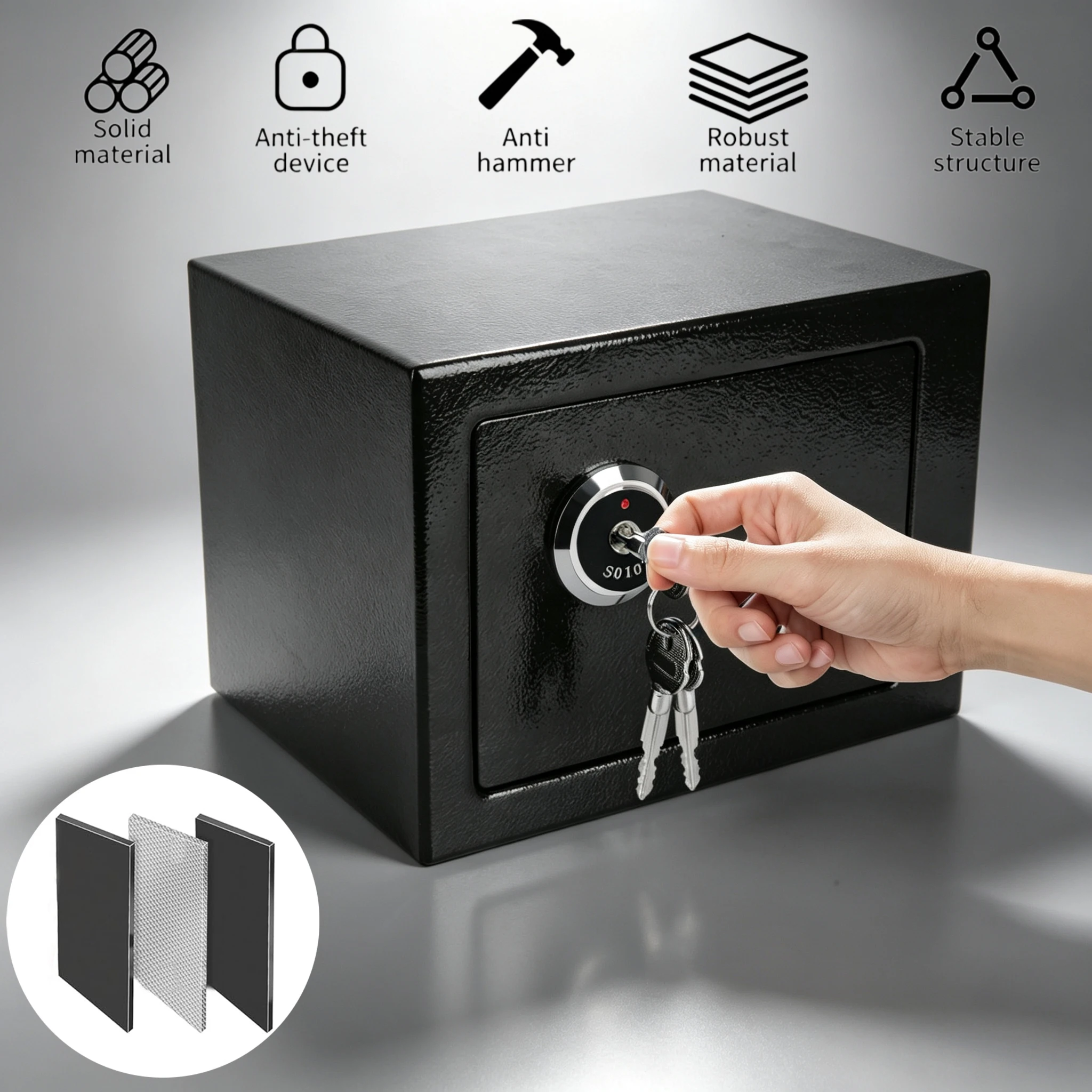 Petit coffre-fort de sécurité à clé, coffre-fort personnel en acier à double paroi avec 2 pênes de verrouillage solides, anti-effraction, anti-perçage, anti-écrasement pour la maison, le bureau, l'argent liquide et les documents.