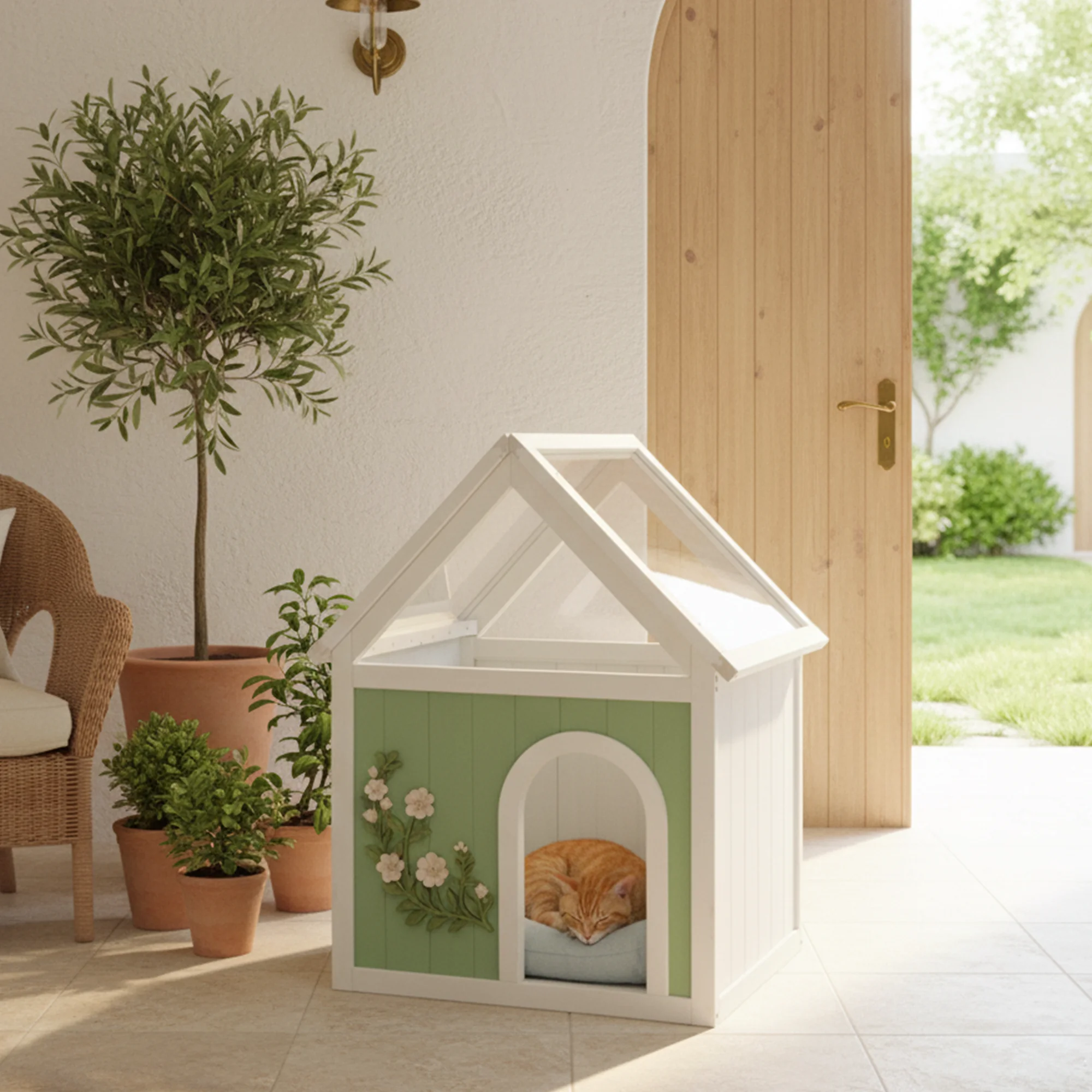 Elegant houten kattenhuis – FSC ® Massief houten binnenmeubilair voor katten en kleine honden, decoratief huisje in cottage-stijl.