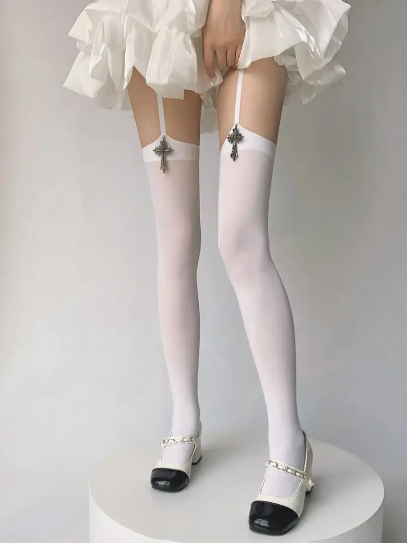 

New style cross-shaped decorative women's stockings, plain color, long-legged, high-cuffed Lolita style knee-length stockings