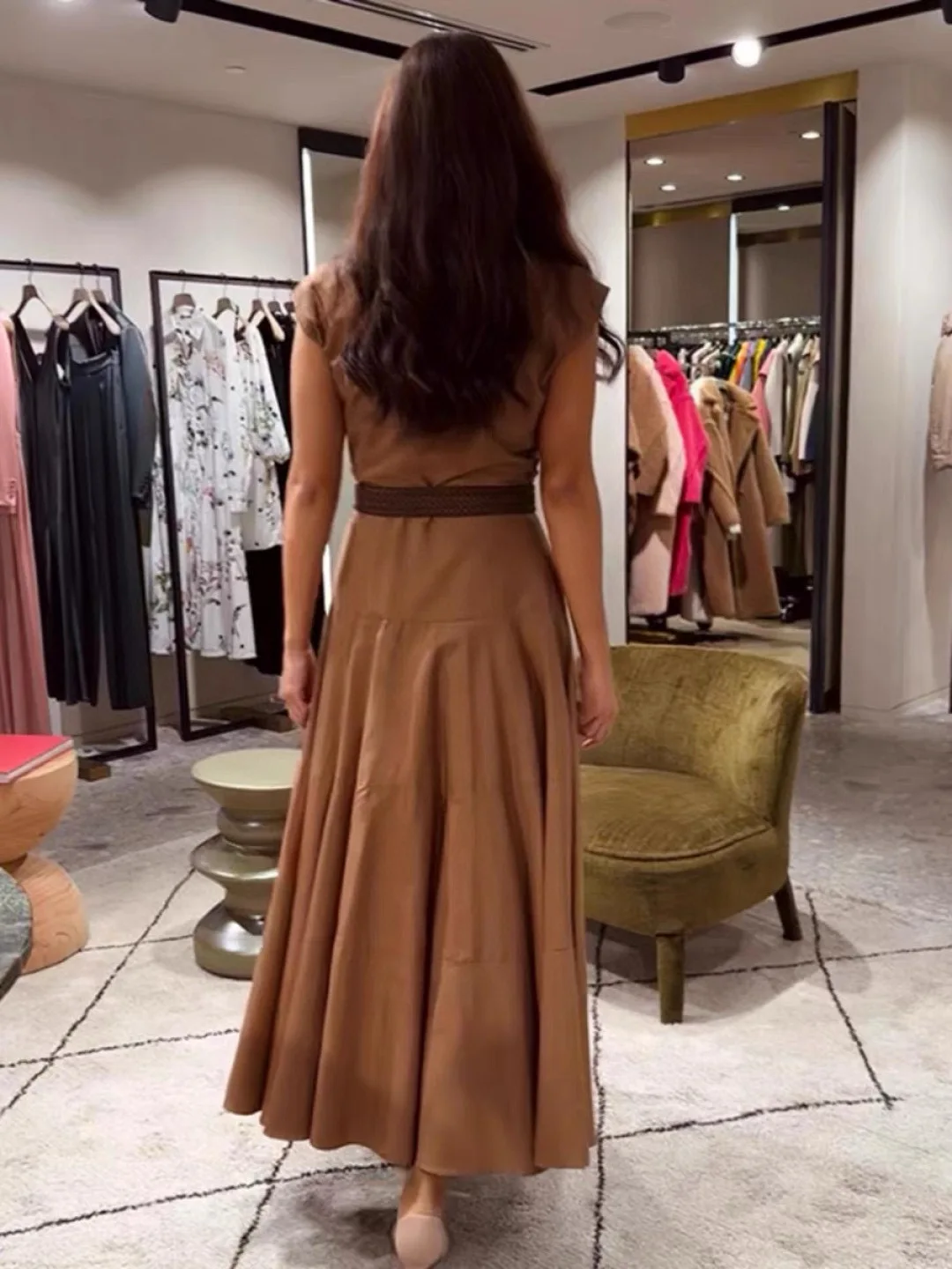 Casual luxurious women's 100% cotton belted maxi dress