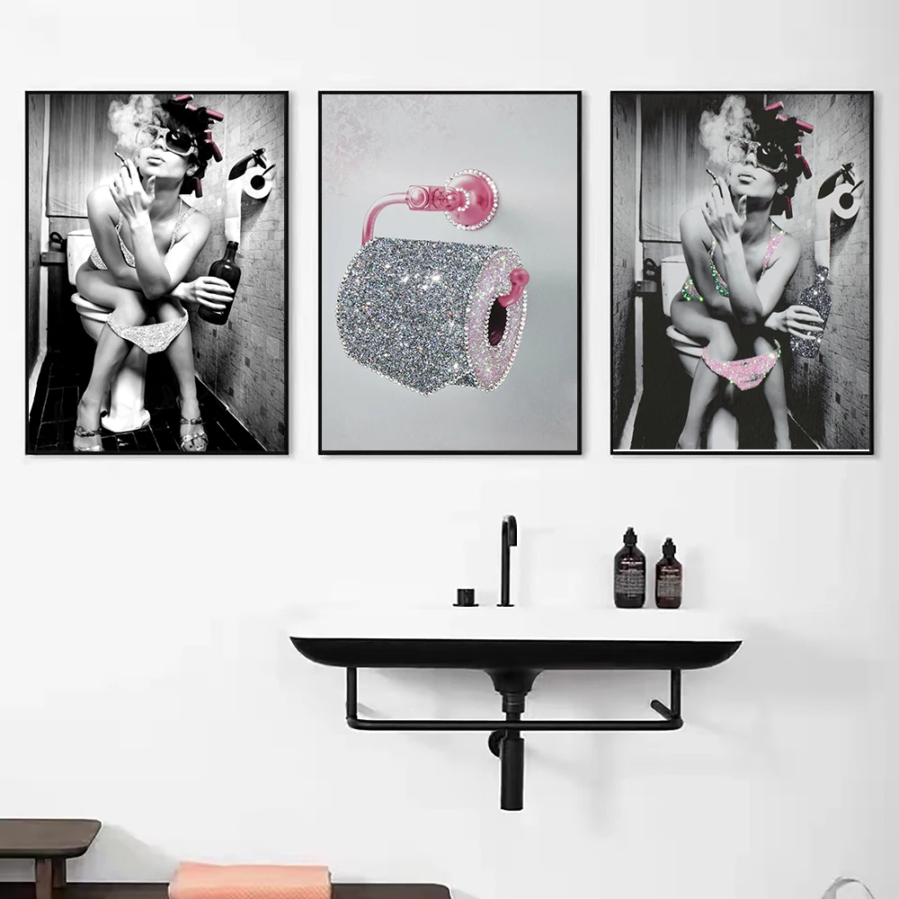 Fashion Sexy Woman Poster Print Girl Drinking Bar Canvas Painting Bling Toilet Roll Paper Picture Modern Wall Art Bathroom Decor