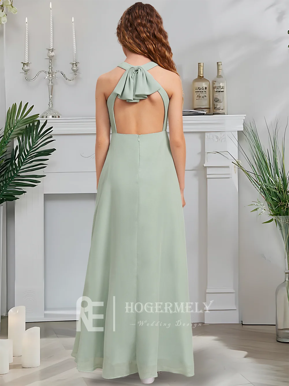 Designer A-Line จูเนียร์ชุดเจ้าสาว Sage Bloom ดอกไม้สาวชุด Halter ความยาวชั้นชีฟอง Garden Gala Dance งานแต่งงาน