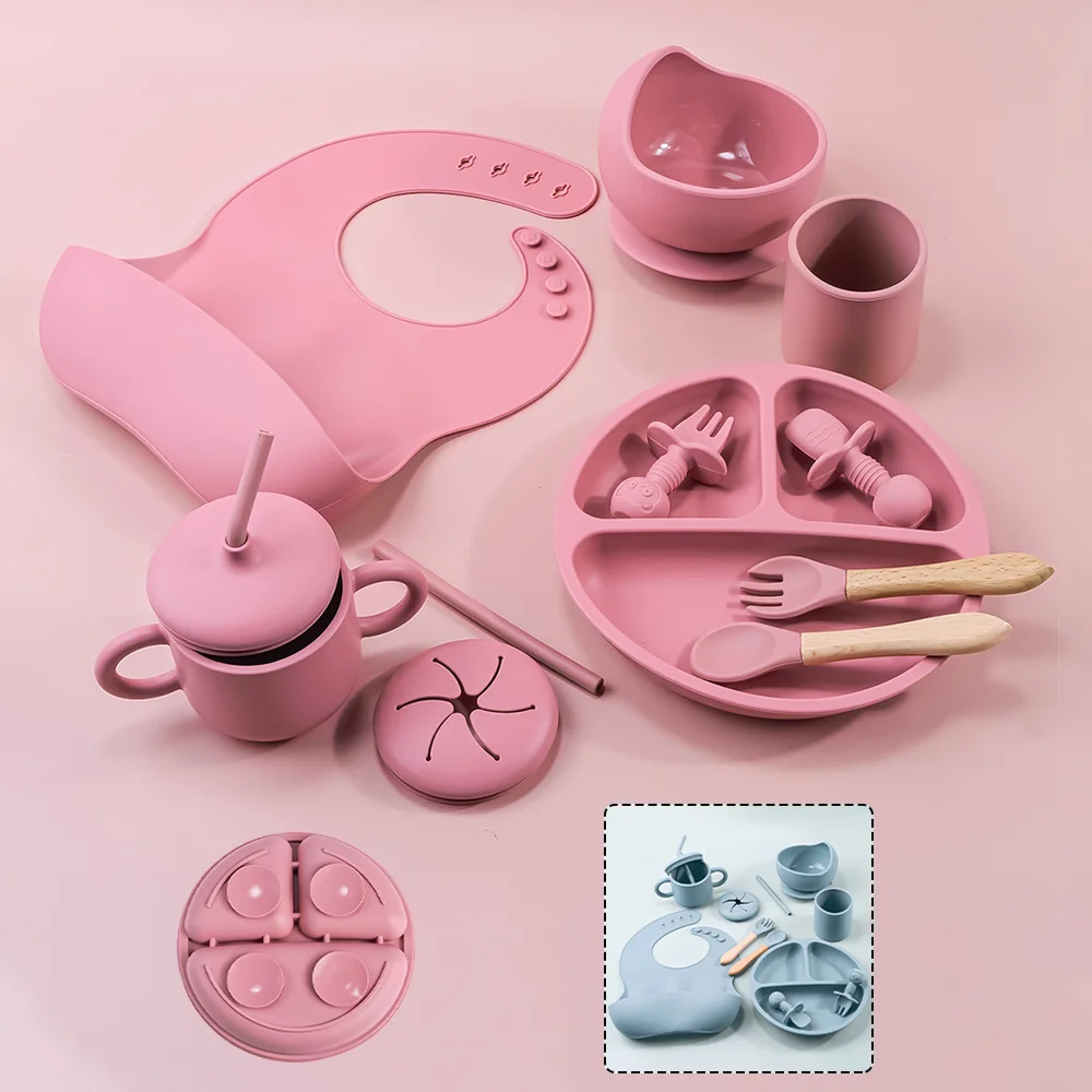 TYRY.HU 9pcs/set baby silicone feeding set wooden spoon fork cutlery suction bowl plate sucker training waterproof bib for gift