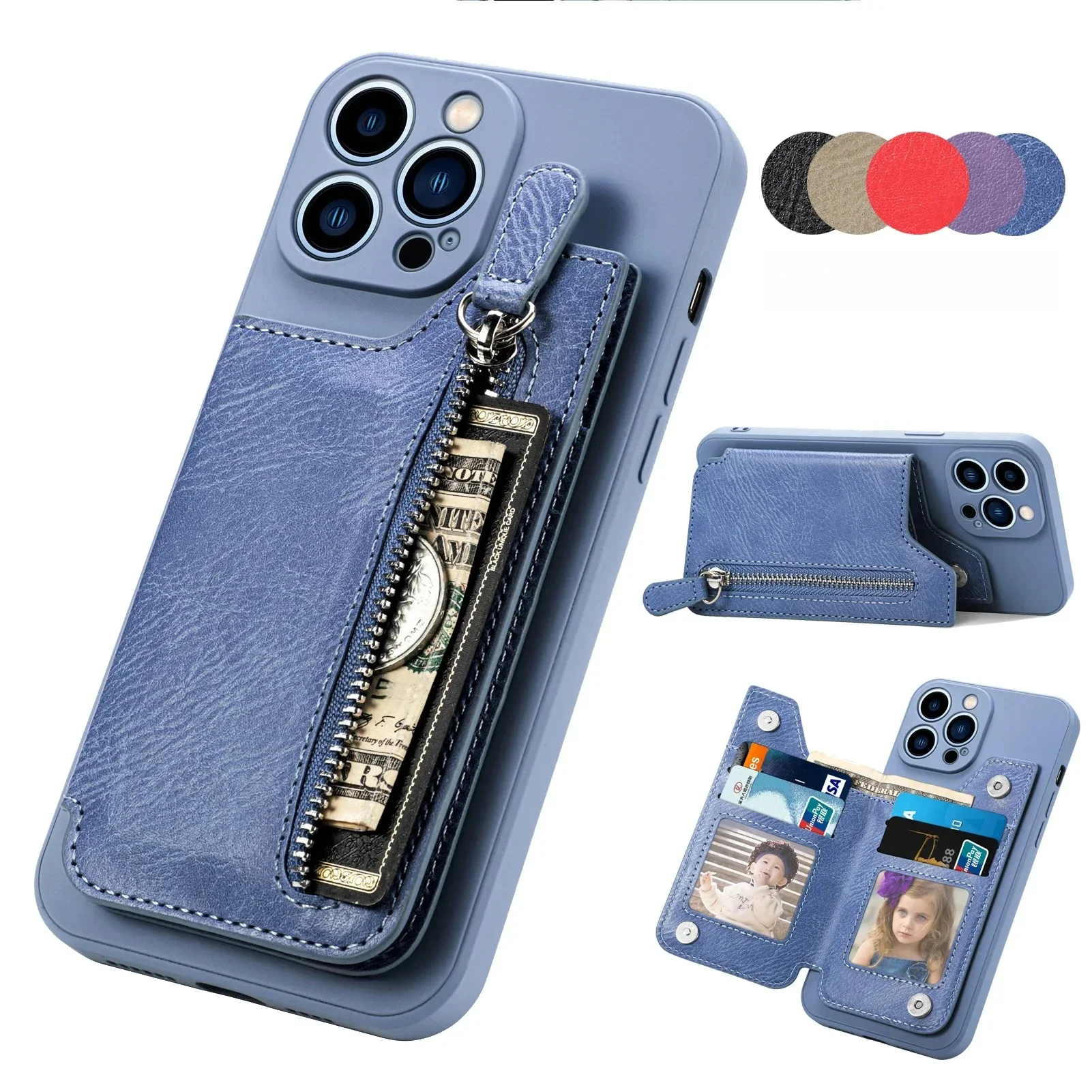 Étui portefeuille en Faux cuir avec porte-cartes à fermeture éclair, étui de téléphone pour iPhone 16 Pro Max 15 14 Plus 13 12 11 13Mini XS X XR SE 2022