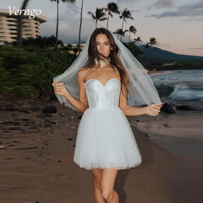 Verngo A-line Short Beach Wedding Dress Sweetheart Sleeveless Tulle/Satin 2024 Mini Wedding Party Bridal Gowns