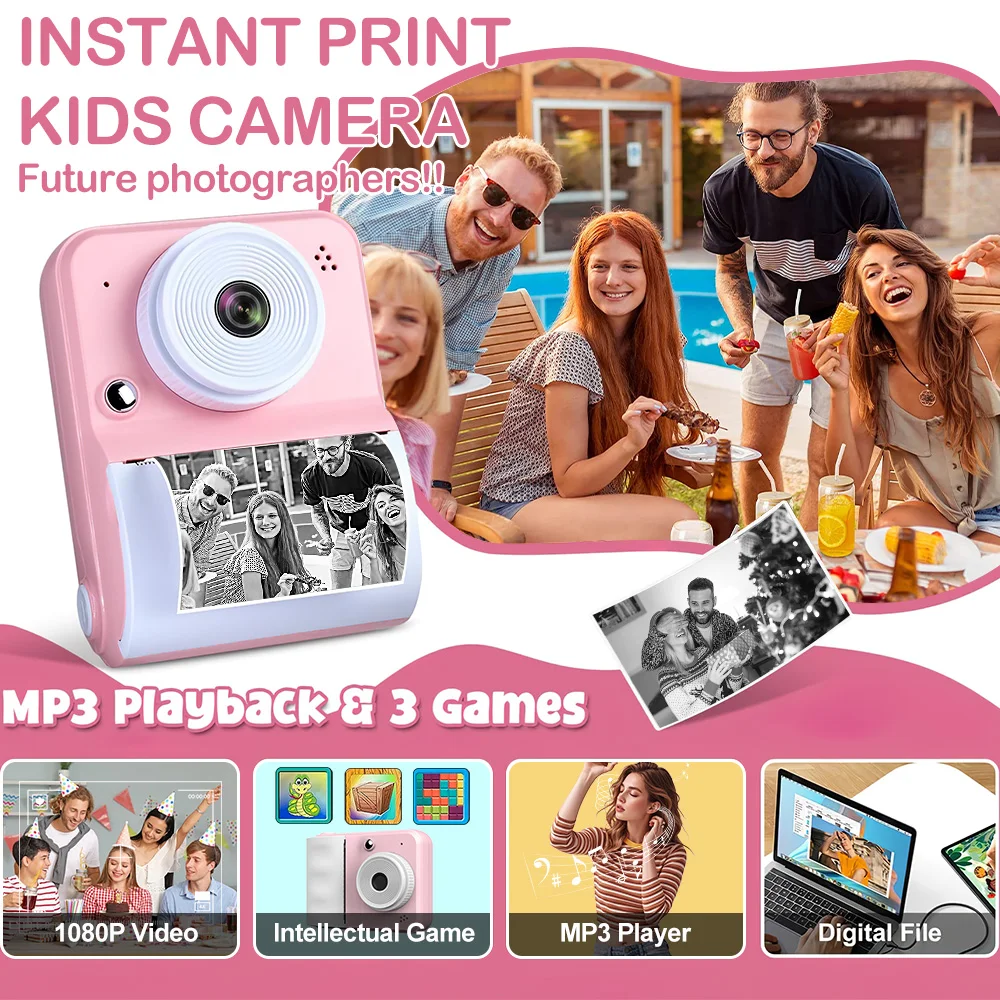 Kinder-Digitalkamera mit Sofortdruckfunktion, Etiketten-Thermodrucker, Videorekorder, Tragbare Mini-Kamera als Spielzeug und Geschenk für Kinder und Schüler
