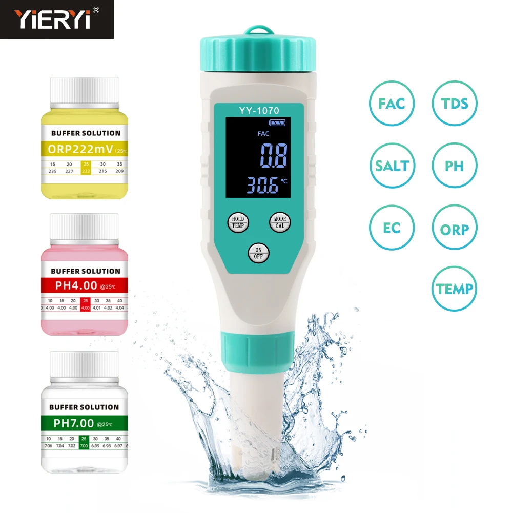 

Digital PH/Chlorine/ORP/EC/TDS/Salinity/Temp/FAC Pool Water Quality Monitor pH Tester for Swimming Pool Aquarium Hydroponic Spa