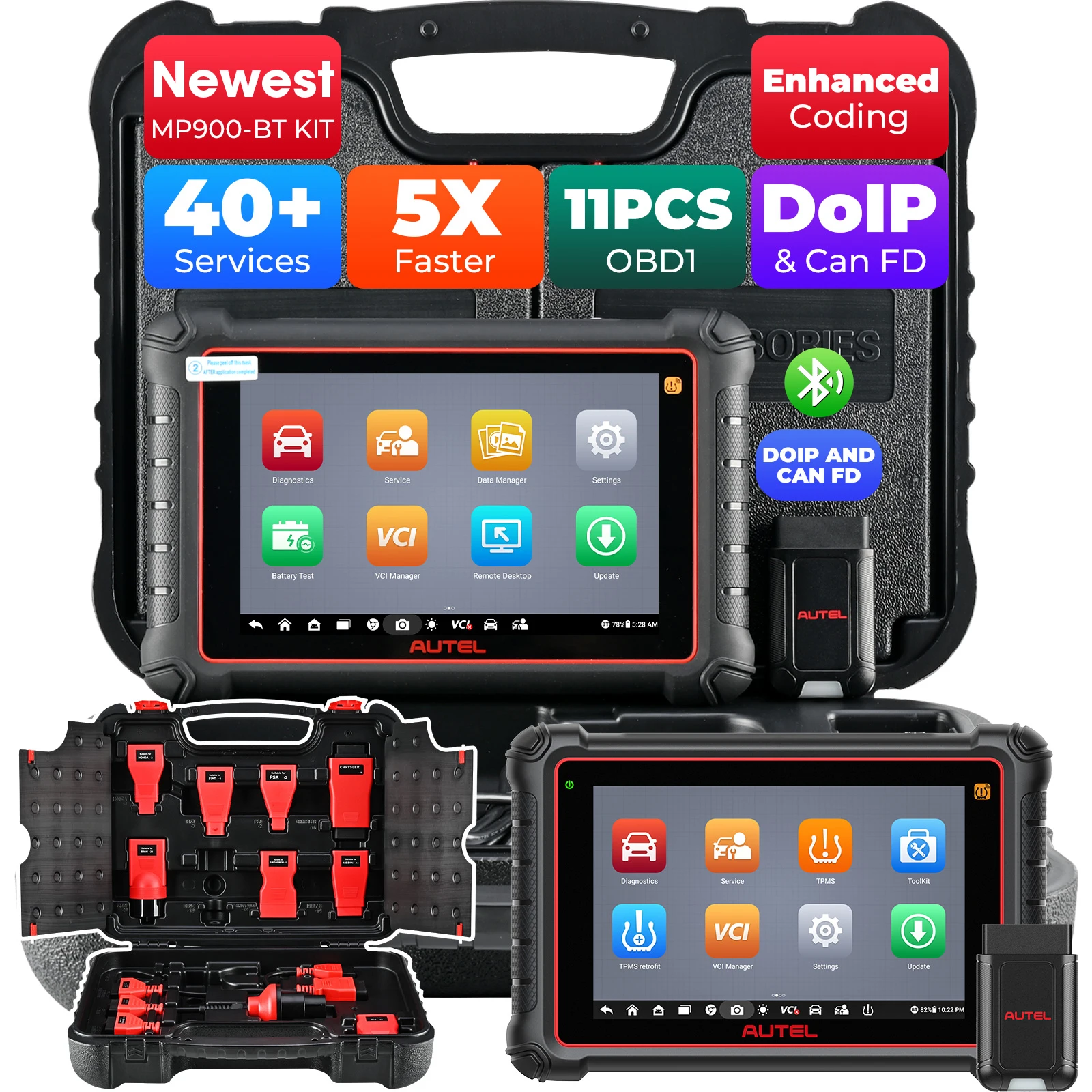 Autel MaxiPRO MP900-BT MP900BT KIT Scanner automobile bidirectionnel, outil de diagnostic identique au MS906 Pro, 11 câbles OBD CAN FD & FCA