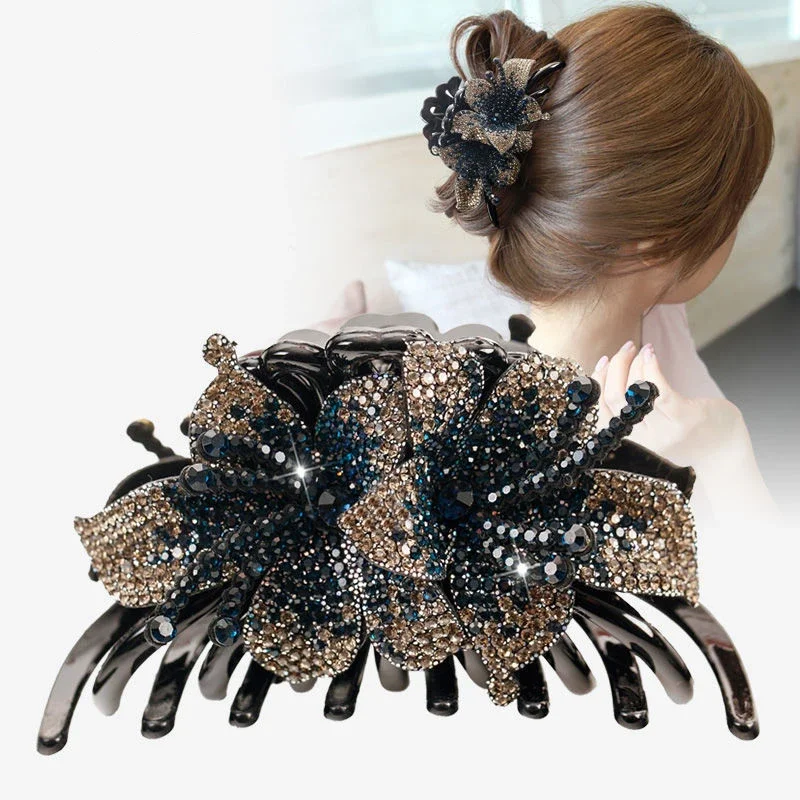 Nowe podwójne kwiatowe spinki do włosów spinki do włosów dla dziewczynek kobiety moda Rhinestone Hairgrip Barrettes włosy krab akcesoria do włosów — zdjęcie 2