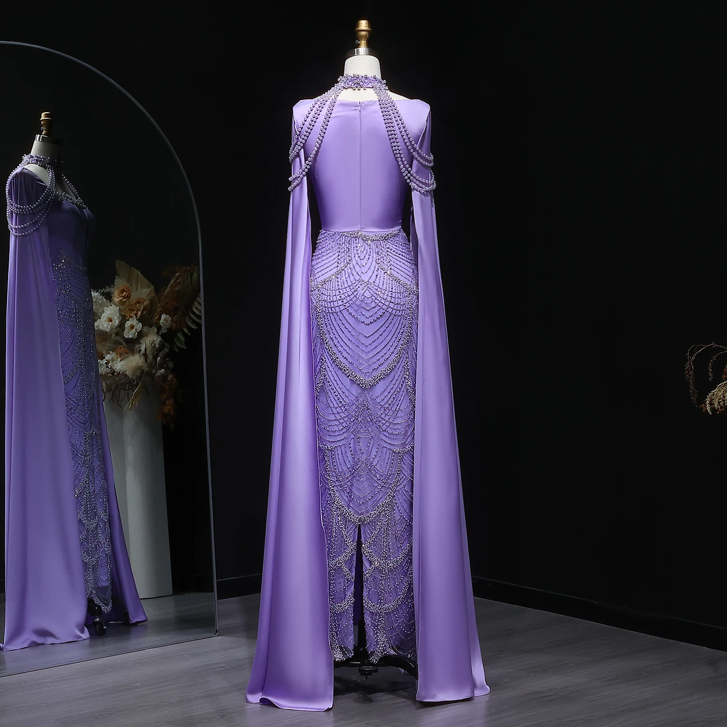 Sharon Said Elegantes Rosa Perlenbesetztes Meerjungfrauen-Abendkleid mit Cape-Ärmeln, Exquisite Details für Arabische Partykleider SS662 Maßanfertigung – Detail 12
