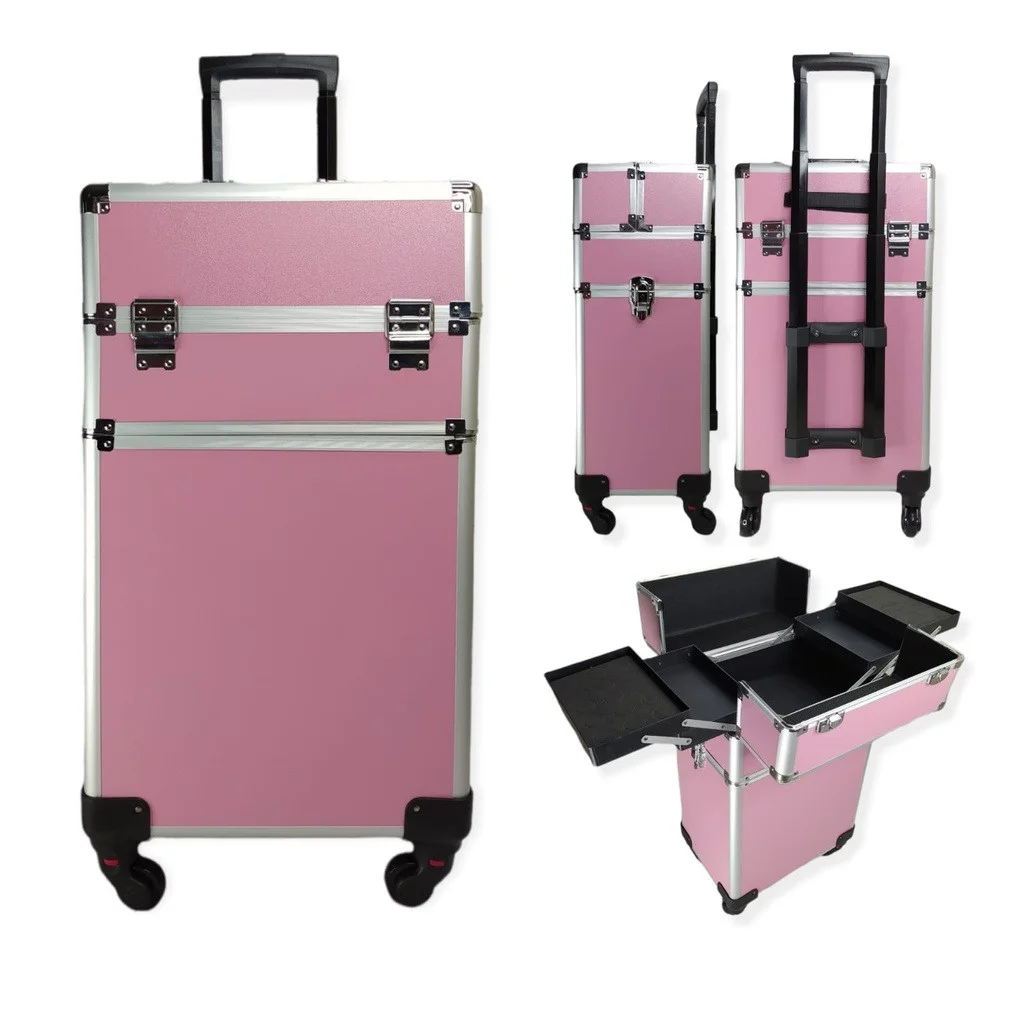 Professional Makeup Case With Partitions and Rods 2 Floor Pink