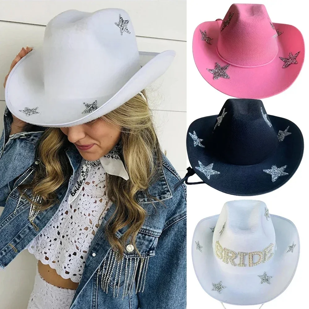 Western Cowboy Hat Bride Letter Stars Letter Western Cowboy Hat Diamond Tiara Cowgirl Cap Costume Cosplay Party Play Dress Up — zdjęcie 2