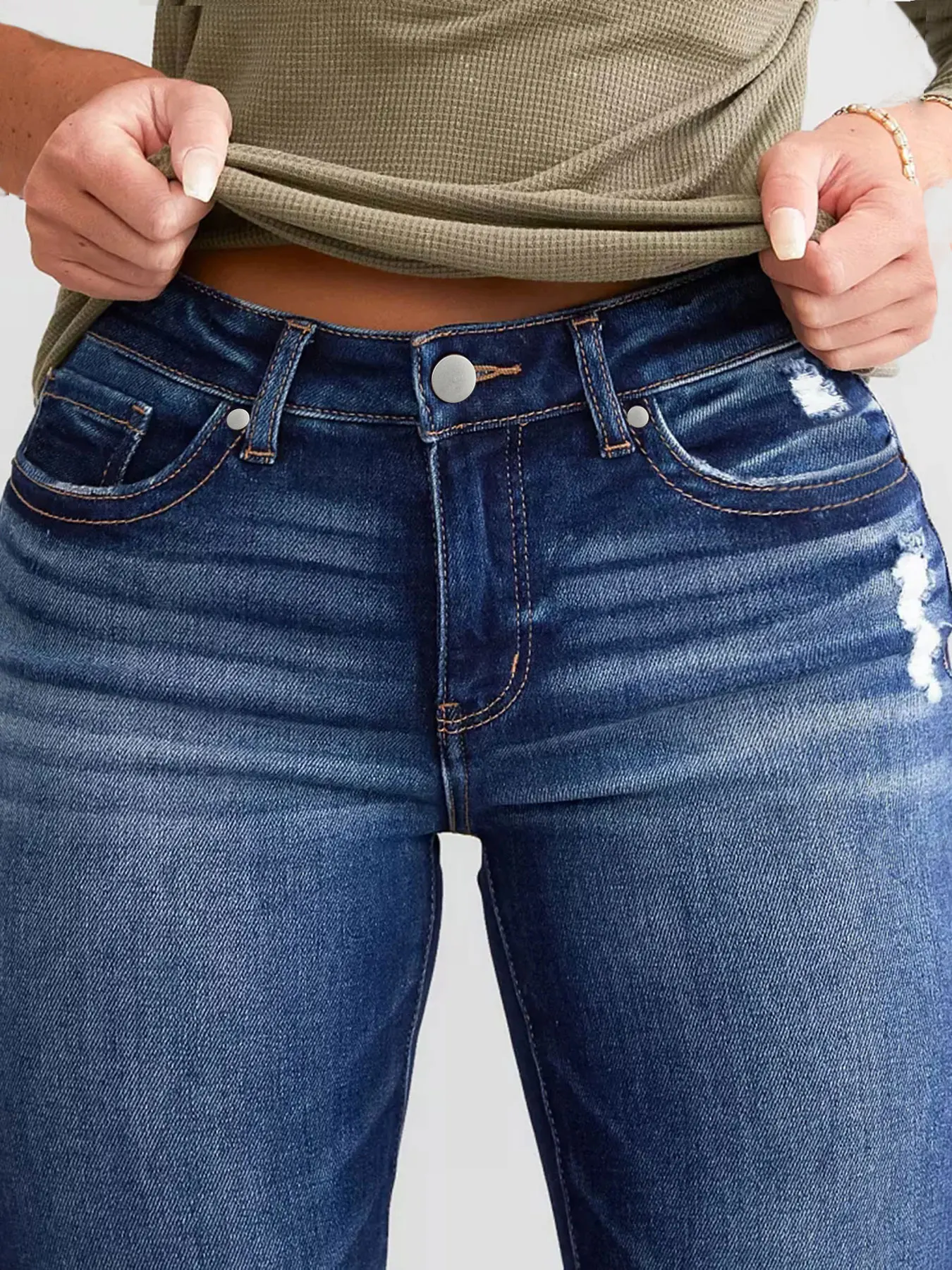Jeans rasgados elásticos femininos, jeans desgastados para mulheres, jeans bootcut, levantamento de bumbum, controle de barriga, cintura alta