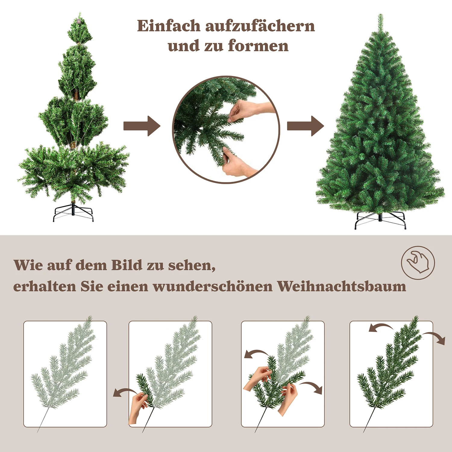 180/210 cm künstlicher Weihnachtsbaum aus PVC mit Metallständer, faltbare Bäume mit 900/1050 Spitzen, faltbar, Party-Dekoration für drinnen und draußen – Detail 6