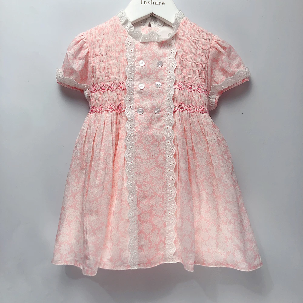 Children Boutique Clothing Summer Girls Puff Sleeves Spain Handmade Smoked Pink Floral Cotton Eid Dress Princess Pretty Skirt