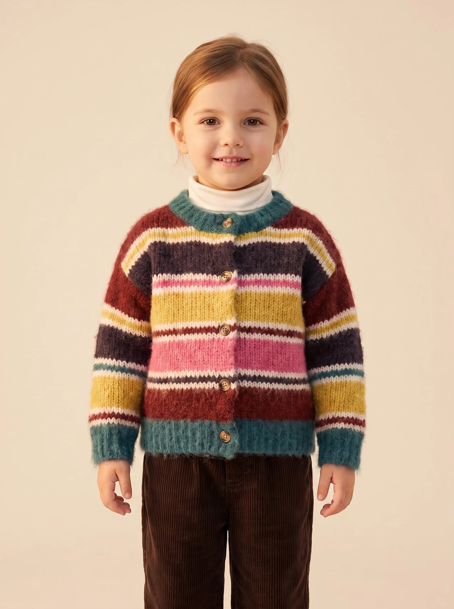 Children's Mohair Color-Blocked Striped Cardigan Sweater, Soft and Skin-Friendly Warm Knit Jacket for Autumn and Winter