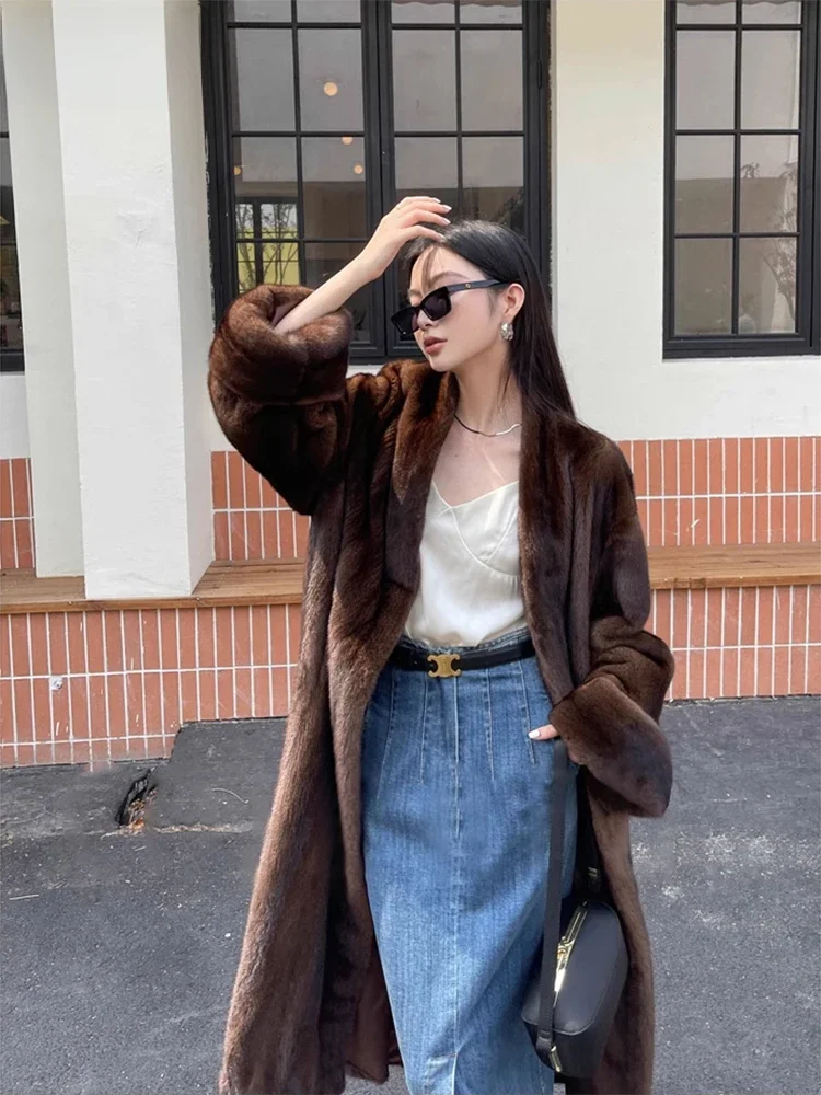Lautaro Winter Long Vintage Elegant Luxury Chic Thick Warm Soft Brown Fluffy Faux Mink Fur Coat Women V Neck Furry Overcoat 2023 — zdjęcie 2