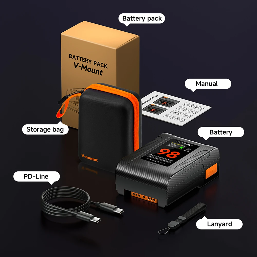 V-Lock BP-98 V Mountแบตเตอรี่V-Mount BPแบตเตอรี่PD65W Type-CสำหรับSonyกล้องวิดีโอออกอากาศวิดีโอBlackmagic URSA