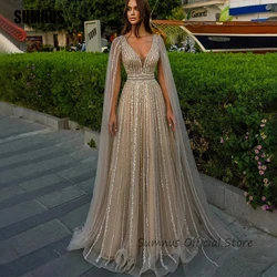 SUMNUS Luxury Beads A Line Evening Dresses Cape Sleeve V Neck Draped Tulle Arabic Evening Party Gowns Robe De Soirée Customized