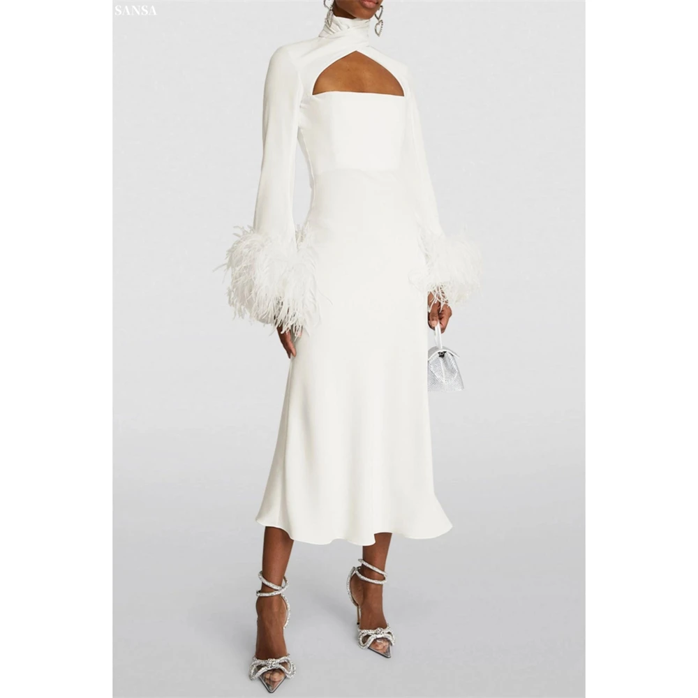 

Sansa Customized Minimalist A-line High Neck Cut-out Prom Dress Feather Long Sleeve Vestidos De Noche Tra-length Formal Evening