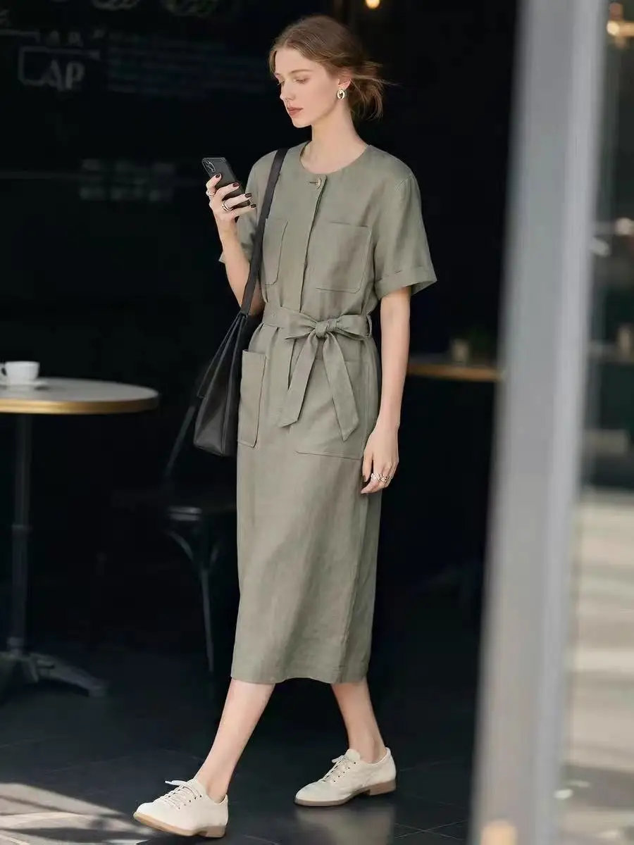 

High-quality minimalist multi-pocket short-sleeve linen dress with belt