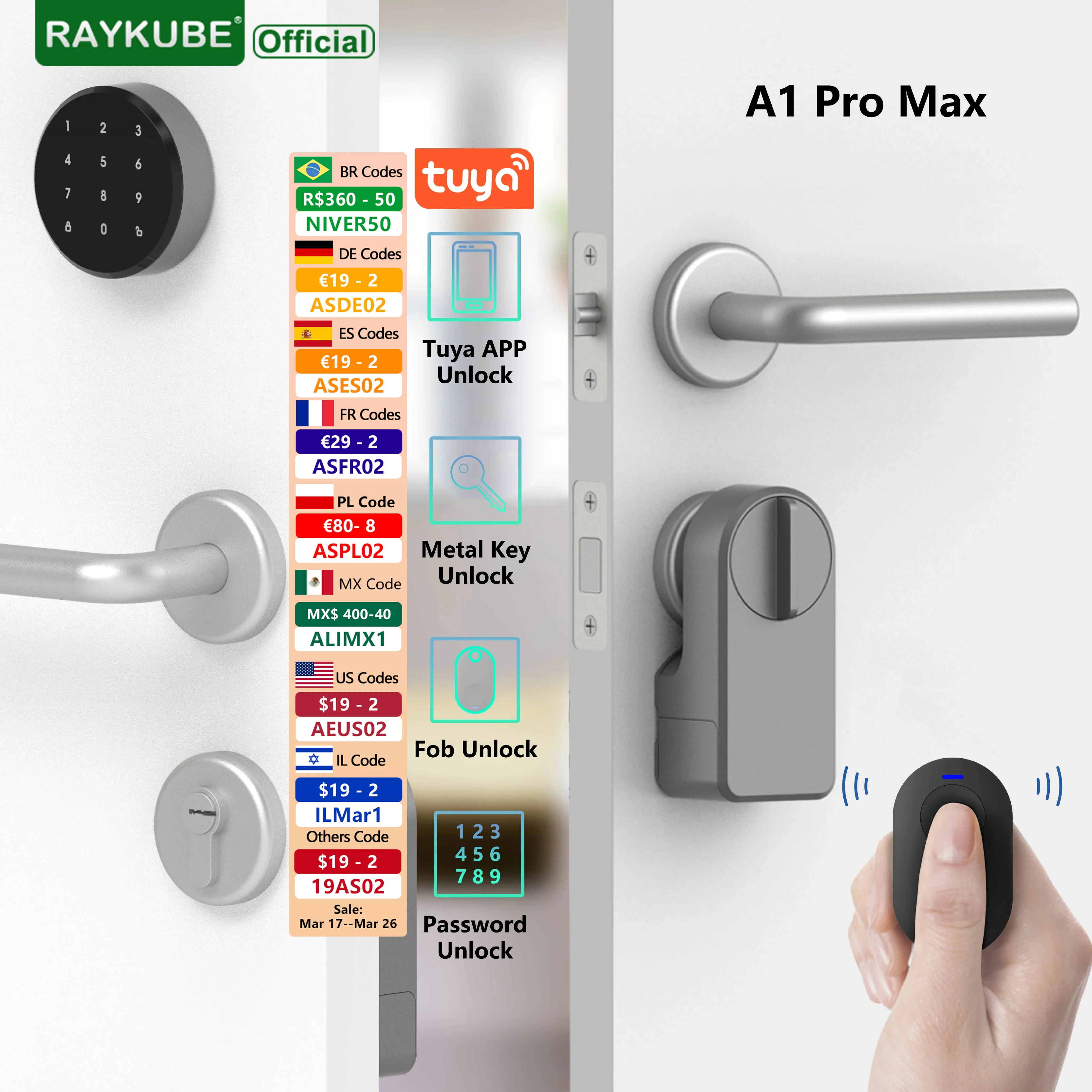 RAYKUBE A1 Pro Max Tuya BEL Slim elektronisch deurslotset met fobs/draadloos toetsenbord/smart key Smart Life/Tuya APP Ontgrendeling op afstand