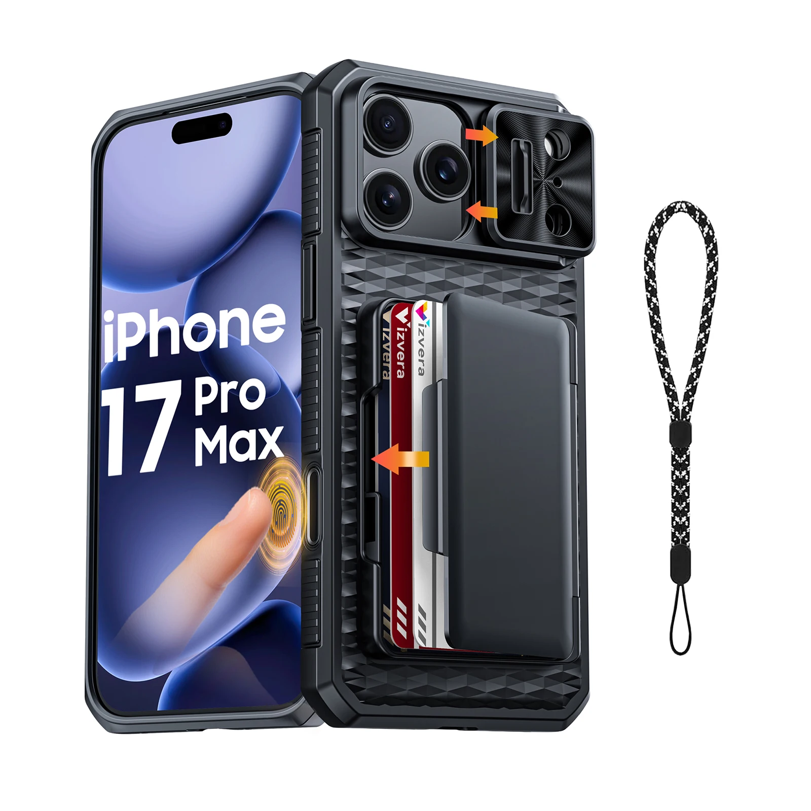 For iPhone 17 Pro Max With Card Holder Sliding Camera Cover And Stand Phone Case, Anti-Fall PC+TPU Wallet Case-Orange