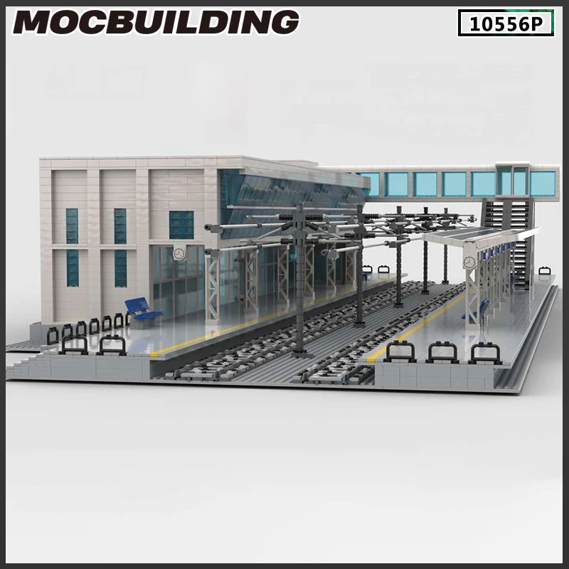 Moc Modern Central Train Station Building Block Model Bricks DIY Urban Transport Hub Street Scene View Modular Toy Birthday Gift