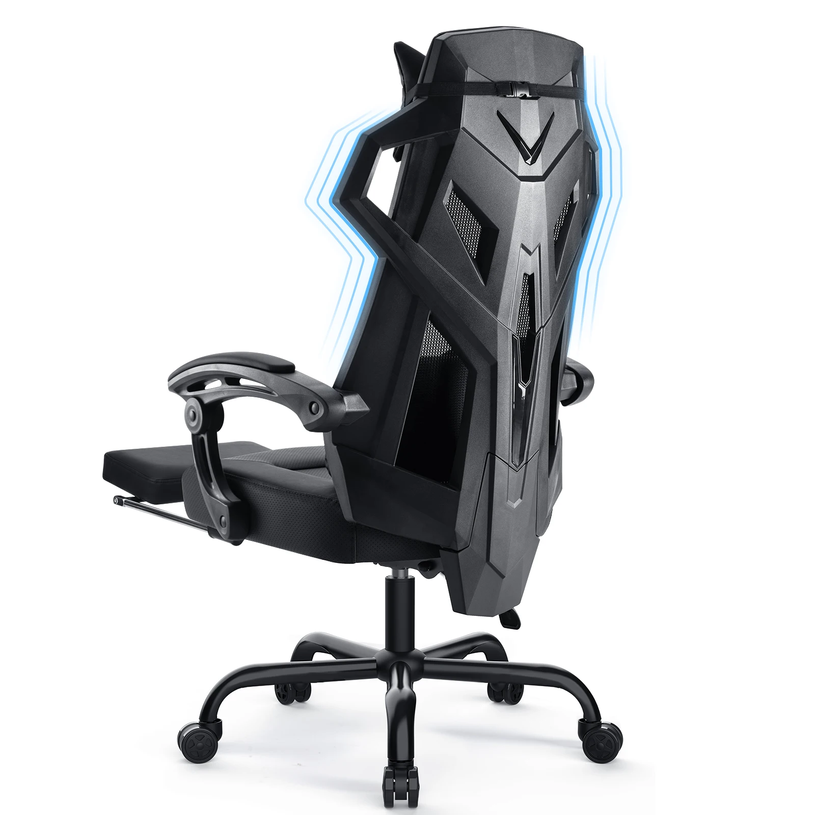 GTPLAYER Mesh Gaming Chair with Footrest 3D Stereoscopic Frame Support Ergonomic Fabric Cover Desk Chair