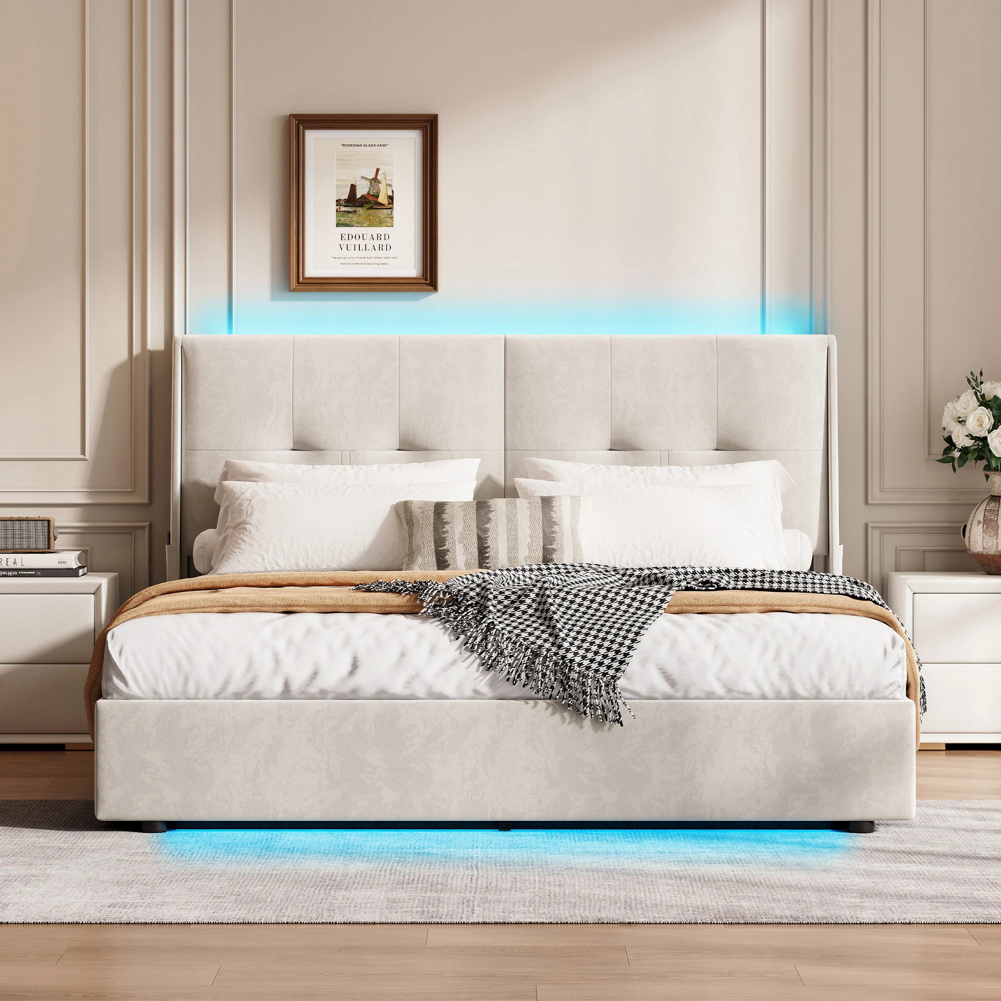 Lit rembourré 160 x 200 cm avec espace de rangement, éclairage LED, lit double avec tête de lit, lit de rangement hydraulique