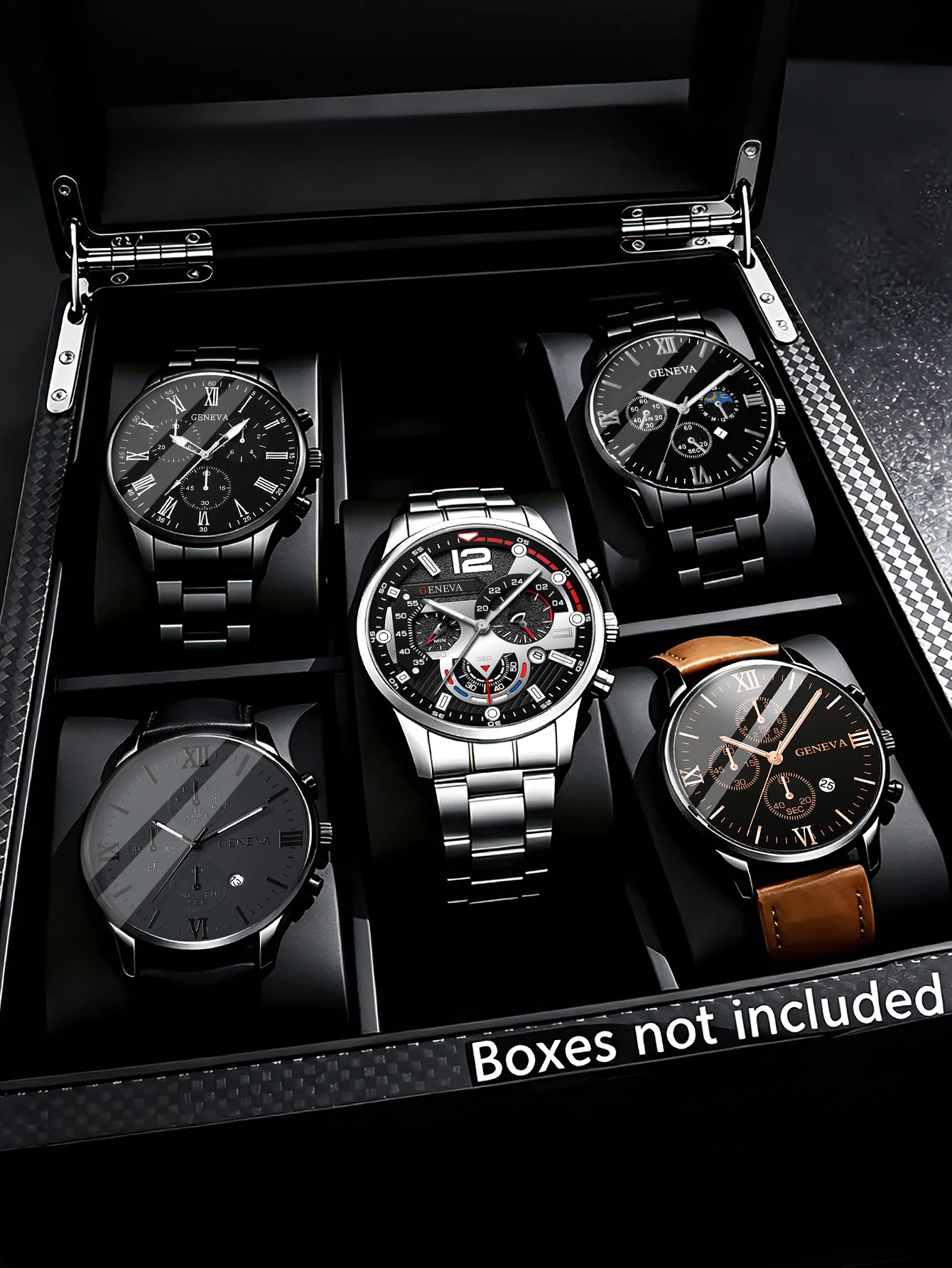 5-Piece Set, Men's Stainless Steel and Leather Strap Quartz Watch, Valentine's Day, Easter, Ramadan, Birthday, Christmas, Gift for Friends and Family