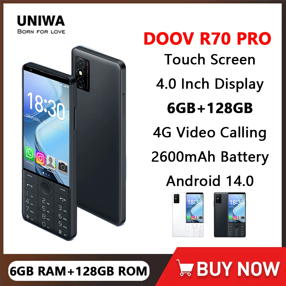 UNIWA DOOV R70 Pro 4G Smart Touch Screen Keypad Mobile Phone Android 14 4Inch 6GB RAM+128GB ROM 2600mAh Whatsapp Hebrew keyboard