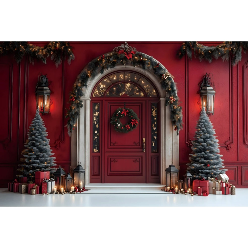 Toile de fond de photographie de Noël d'hiver, arc rouge vintage, cadeaux d'arbre de Noël, décor de portrait d'intérieur pour enfants et famille, arrière-plan de studio photo