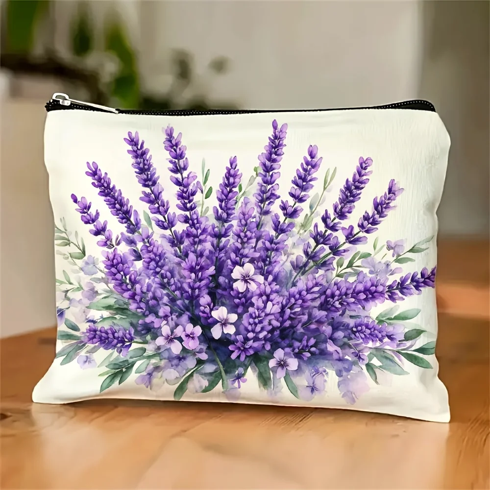 1Pc Purple Lavender Retro Design Makeup Bag, Snack Storage Bag, Multifunctional Toiletry Bag, Stationery Storage Bag, Canvas Double-Sided Printed Bag, Suitable for Daily Travel Use