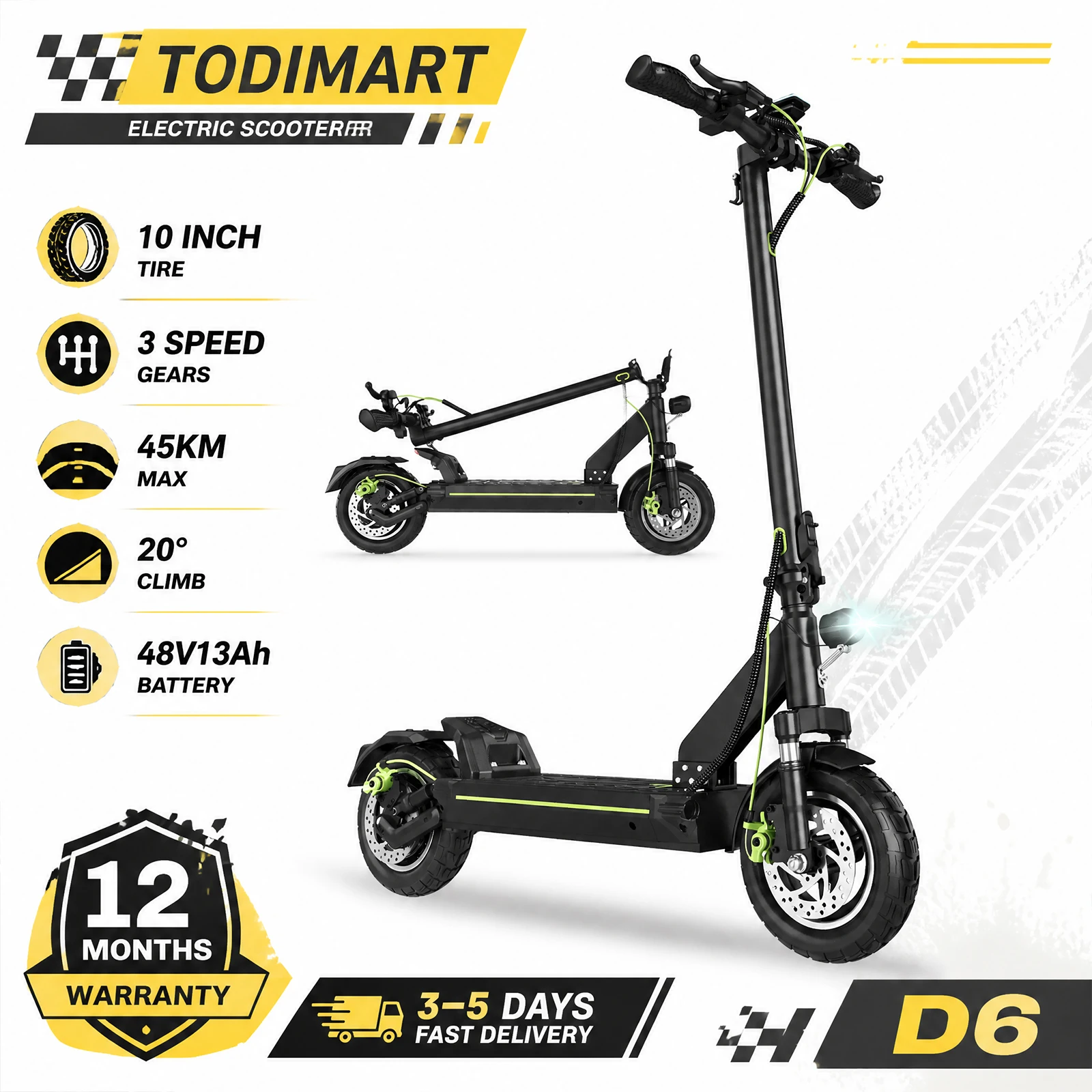 Patinete eléctrico para adultos TODIMART, con batería de 48 V y 18,2 Ah, motor de 249 W, suspensión doble, neumáticos de 10 pulgadas