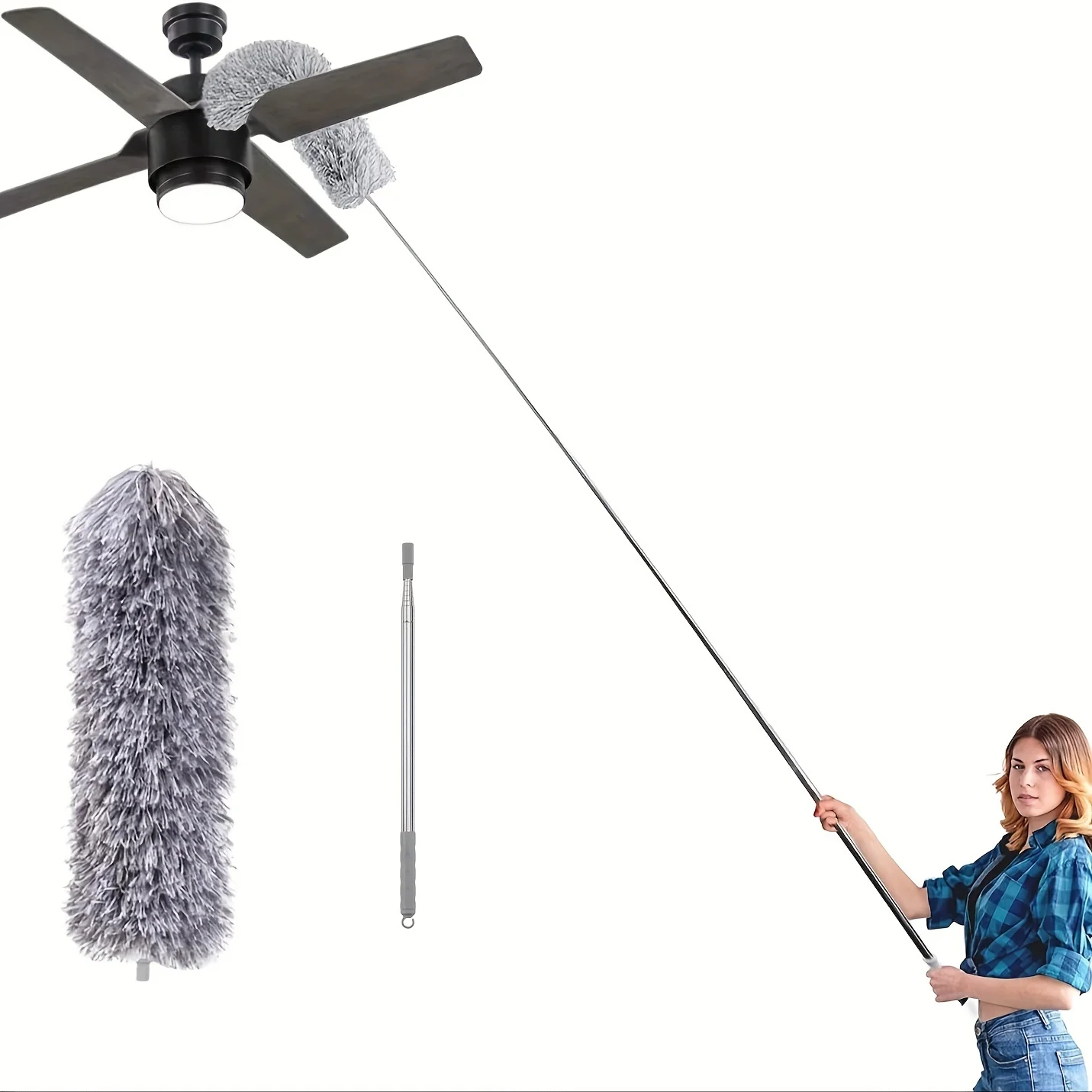 Duster Long Handle Telescopic Pole Washable Extension Pole Telescoping Duster, for Clean Cobwebs, Ceiling Fan, High Ceiling